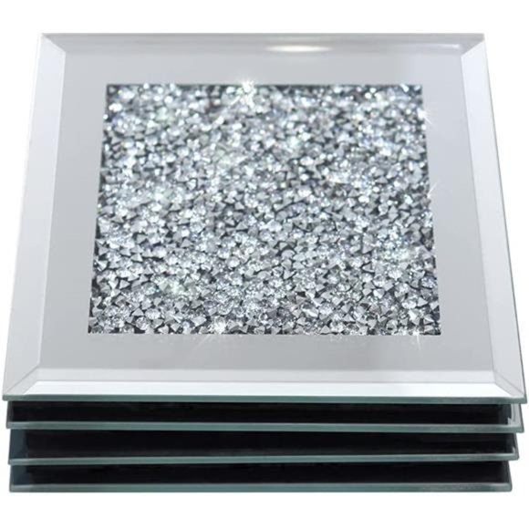 Glass Mirrored Coaster 4 PC, Crushed Diamond Square Cup Mat 4" Decor on Tabletop - Picture 5 of 6